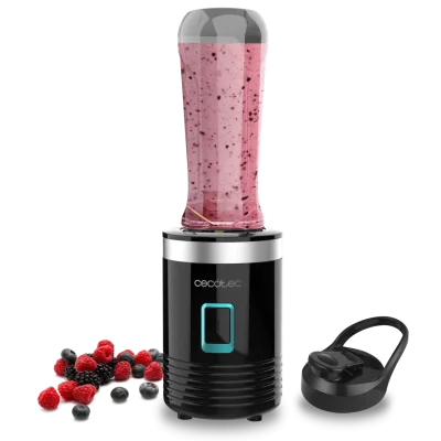 Batidora de vaso portátil Cecotec Power Titanium 300 con cuchillas de titanio negro y vaso transportable de 570 ml.