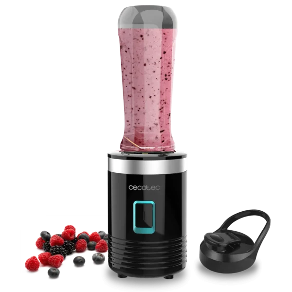 Batidora de vaso portátil Cecotec Power Titanium 300 con cuchillas de titanio negro y vaso transportable de 570 ml.