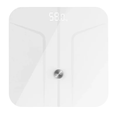 Vista superior de la báscula inteligente Cecotec Surface Precision 970 Smart Healthy con superficie de vidrio templado blanco y pantalla digital activada