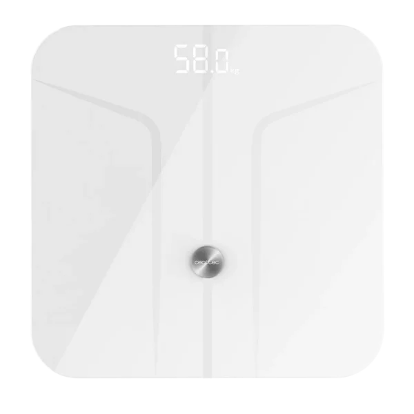 Vista superior de la báscula inteligente Cecotec Surface Precision 970 Smart Healthy con superficie de vidrio templado blanco y pantalla digital activada
