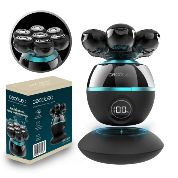 Afeitadora de cabeza Cecotec Bamba PrecisionCare Skull Shaver con 7 cuchillas adaptables, pantalla indicadora y base de carga