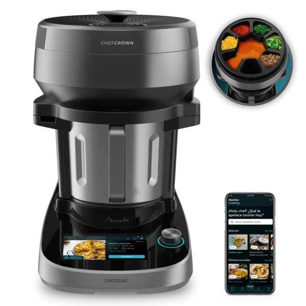 Imagen 3 Robot de cocina Mambo CooKing Unique con dispensador de alimentos ChefCrown. 45 funciones, jarra cerámica de 5L y miles de recetas guiadas paso a paso.