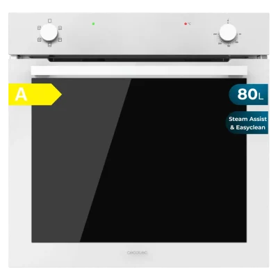 Vista frontal del horno integrable Cecotec Bolero Hexa C126400 en acabado cristal blanco con panel de control analógico y tirador metálico.