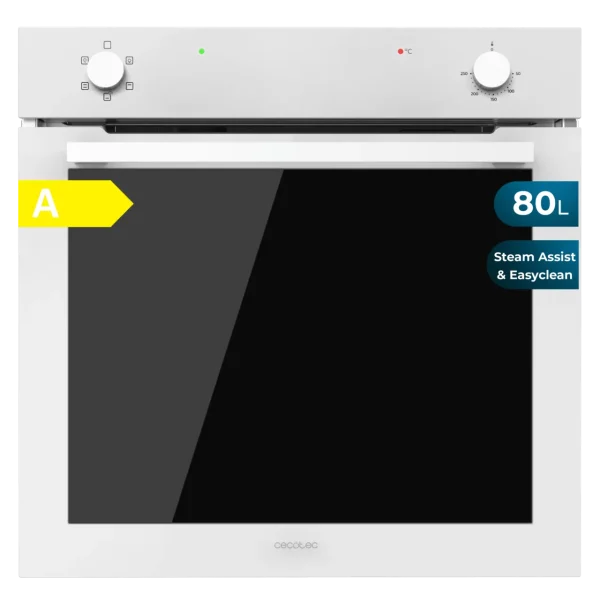 Vista frontal del horno integrable Cecotec Bolero Hexa C126400 en acabado cristal blanco con panel de control analógico y tirador metálico.