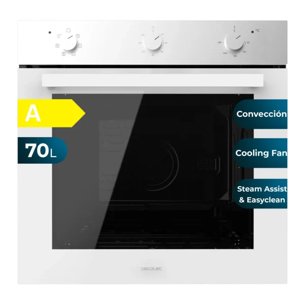 Horno multifunción integrable Cecotec Bolero Hexa M236000 en acabado cristal blanco con panel de control táctil y mandos escamoteables.