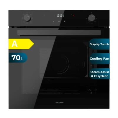 Vista frontal del horno integrable Cecotec Bolero Hexa M226001 Glass Black con acabado en cristal negro y panel de control digital