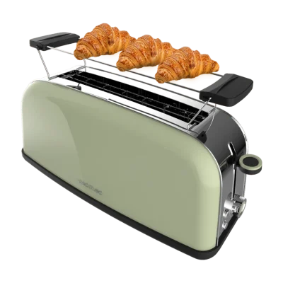 Tostador vertical verde Toastin' time 850 Green Long de Cecotec con ranura larga y soporte para panecillos