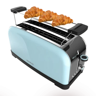 Tostador vertical Toastin' time 1500 Blue de Cecotec color azul con doble ranura larga y soporte para panecillos