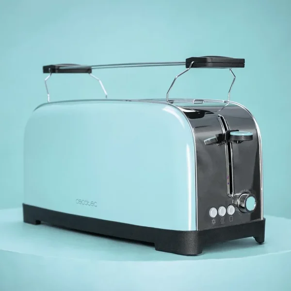 Imagen 7 Tostador vertical azul de acero con 1500 W y doble ranura larga. Incluye soporte para panecillos, función de descongelar y 7 niveles de tostado para resultados óptimos.