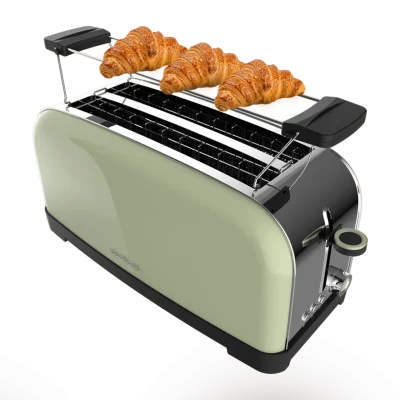 Tostador vertical Cecotec Toastin' time 1500 Green de acero inoxidable con doble ranura larga y soporte para panecillos