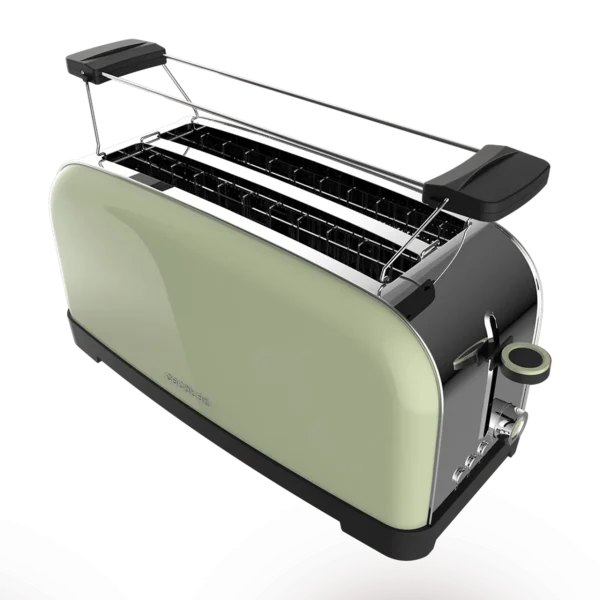 Imagen 2 Tostador vertical verde de acero inoxidable con 1500 W y doble ranura larga. Incluye soporte para panecillos, bandeja recogemigas y 7 niveles de tostado.