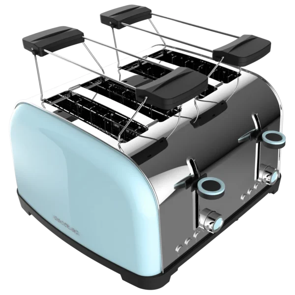 Imagen 2 Tostador Toastin' time 1700 Double Blue de 1700 W y 4 ranuras. Acero inoxidable azul, soporte para panecillos y bandeja recogemigas para un tostado perfecto.