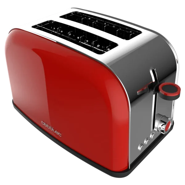 Imagen 2 Tostador rojo de 850 W con doble ranura corta y acabado en acero. Incluye 3 funciones, 5 niveles de potencia y bandeja recogemigas para un tostado uniforme.