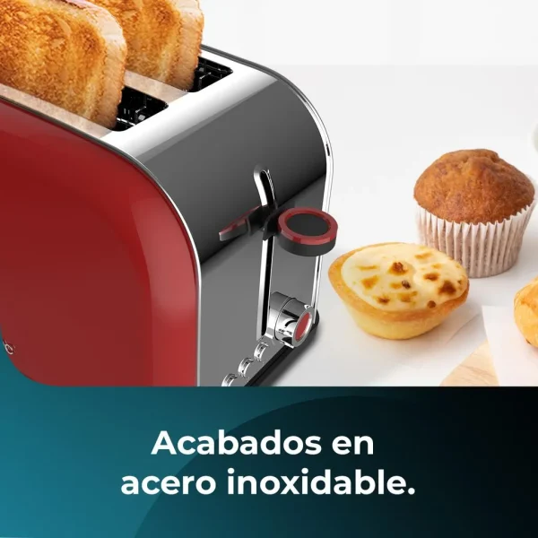 Imagen 7 Tostador rojo de 850 W con doble ranura corta y acabado en acero. Incluye 3 funciones, 5 niveles de potencia y bandeja recogemigas para un tostado uniforme.