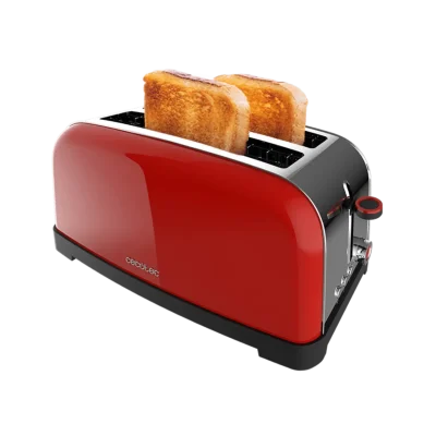 Tostador vertical rojo Cecotec Toastin' time 1500 Red Lite de doble ranura larga y acero inoxidable con soporte para bollería