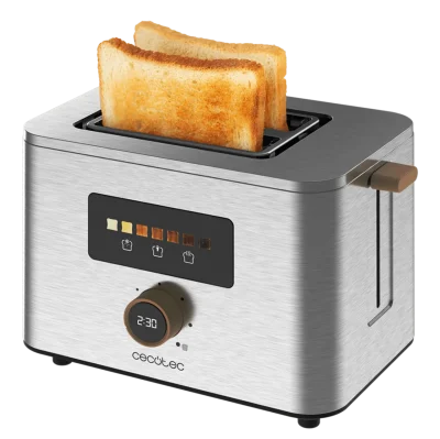 Tostador Cecotec Touch&Toast Double de acero inoxidable con pantalla táctil encendida y tostadas en doble ranura
