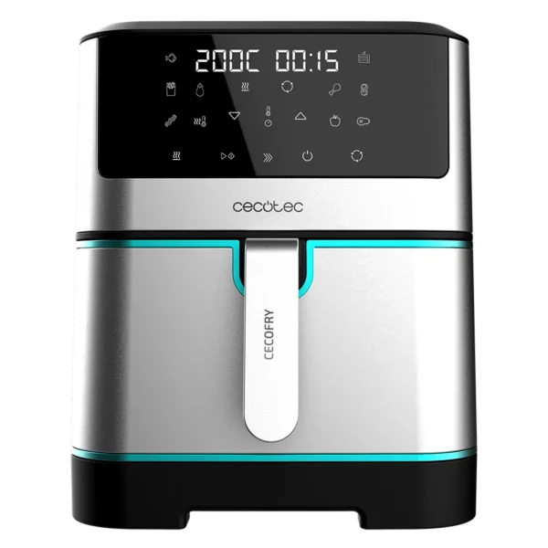 Vista frontal de la freidora de aire Cecofry Supreme 8000 negra con pantalla táctil encendida y cesta cerrada