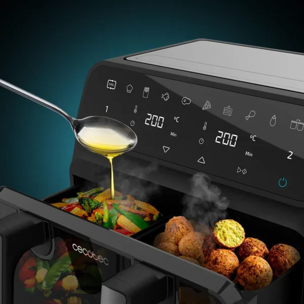 Imagen 3 Freidora de aire Cecotec de 9 L con ventana, cubeta dual y tecnología PerfectCook para cocinar de forma saludable con resultados crujientes y poco aceite.