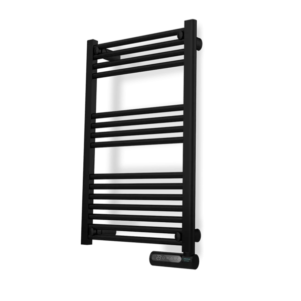 Radiador toallero eléctrico Cecotec ReadyWarm 9100 Smart Towel Black en color negro mostrando la pantalla LED y controles táctiles