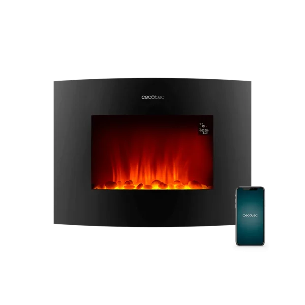Vista frontal de la chimenea eléctrica ReadyWarm 2250 Curved Flames Connected de Cecotec con panel de cristal curvo y efecto de llamas encendido