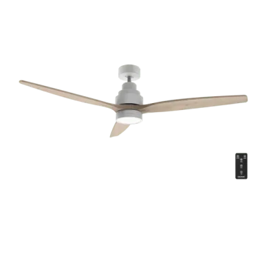 Ventilador de techo EnergySilence Aero 5300 White&Wood Design vista frontal con aspas de madera y luz LED