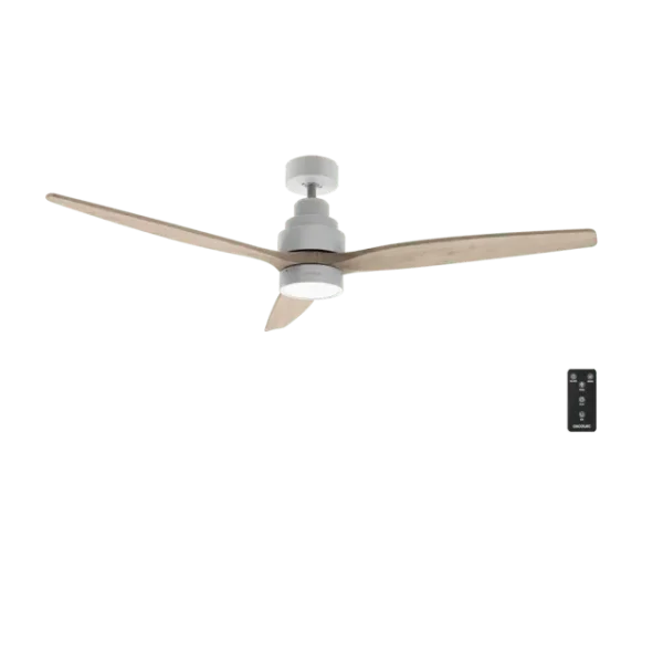 Ventilador de techo EnergySilence Aero 5300 White&Wood Design vista frontal con aspas de madera y luz LED