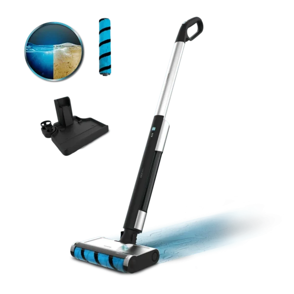 Fregona eléctrica Cecotec FreeGo Wash con rodillo Wet Jalisco y base de autolimpieza en uso sobre suelo radiante