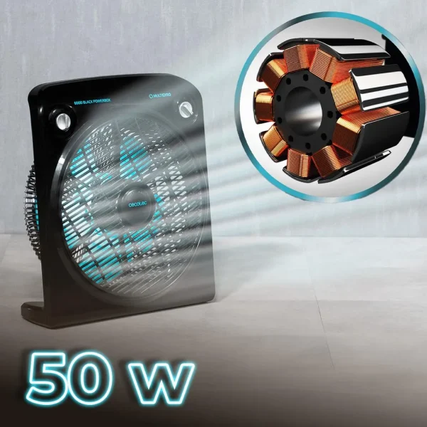 Imagen 2 Ventilador de suelo EnergySilence 6000 Power Box Black de 50 W. Incluye 5 aspas de 30 cm, 3 velocidades, motor de cobre y rejilla rotatoria multidireccional.