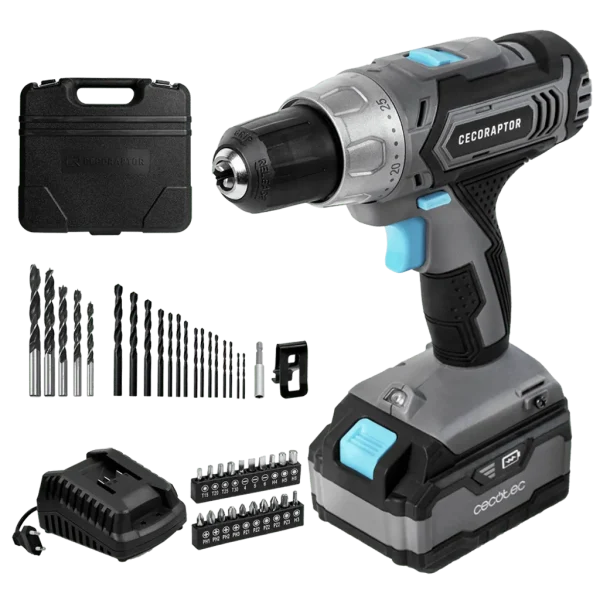 Taladro atornillador perforador inalámbrico CecoRaptor Perfect Drill 4020 Advance de Cecotec junto a su batería y set de brocas