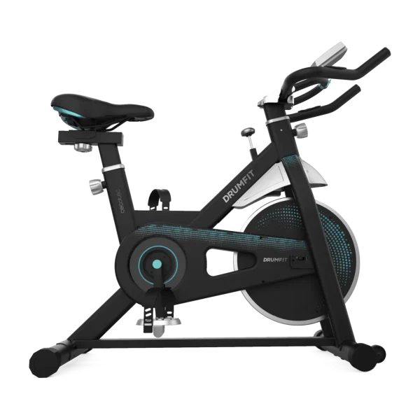 Bicicleta indoor Cecotec DrumFit Indoor 13000 Delfos vista lateral mostrando el volante de inercia de 13 kg y sillín deportivo