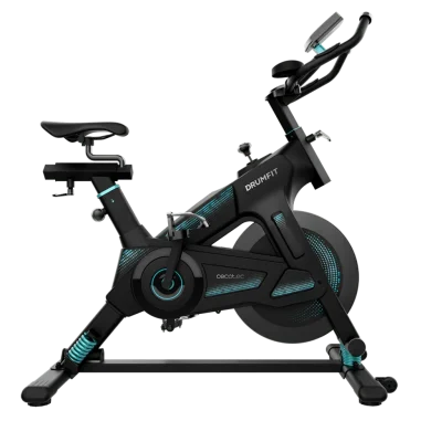 Bicicleta indoor profesional DrumFit Indoor 23000 Kosmos Pro de CECOTEC vista lateral con volante de inercia de 23 Kg y manillar deportivo