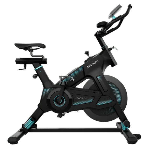 Bicicleta indoor profesional DrumFit Indoor 23000 Kosmos Pro de CECOTEC vista lateral con volante de inercia de 23 Kg y manillar deportivo