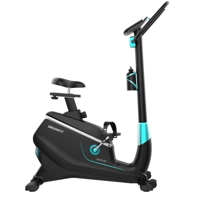 Bicicleta estática CECOTEC DrumFit Cycle 9000 Talos Pro vista lateral con manillar ergonómico, sillín regulable y ruedas de transporte