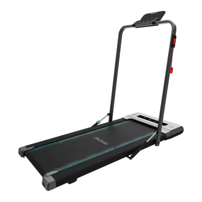 Vista lateral de la cinta de andar plegable CECOTEC DrumFit WayHome 600 Pad en color negro con barra desplegada