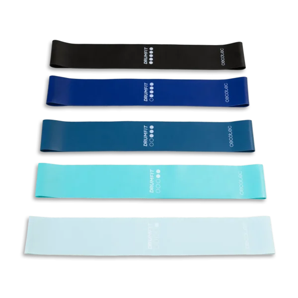 Set de 5 cintas elásticas de resistencia de látex Cecotec DrumFit Resistance Band Set con diferentes niveles de color y bolsa de transporte