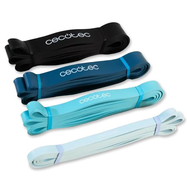 Set de 4 bandas elásticas DrumFit Power Band Set de Cecotec de látex en diferentes colores con su bolsa de transporte