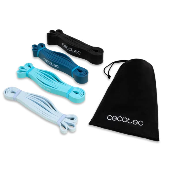 Imagen 2 Set de 4 bandas elásticas DrumFit Power Band Set de Cecotec. Fabricadas en látex resistente, ofrecen niveles de tensión desde 15 kg hasta 60 kg con bolsa.