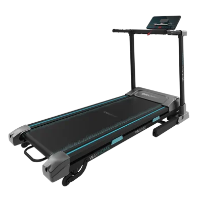 Cinta de correr plegable DrumFit WayHome 1600 Runner Sprint desplegada con panel LCD y soporte para dispositivos