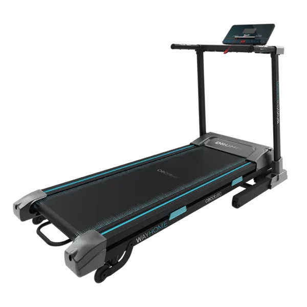 Cinta de correr plegable CECOTEC DrumFit WayHome 1700 Sprint vista frontal con panel LCD y amplia superficie de carrera