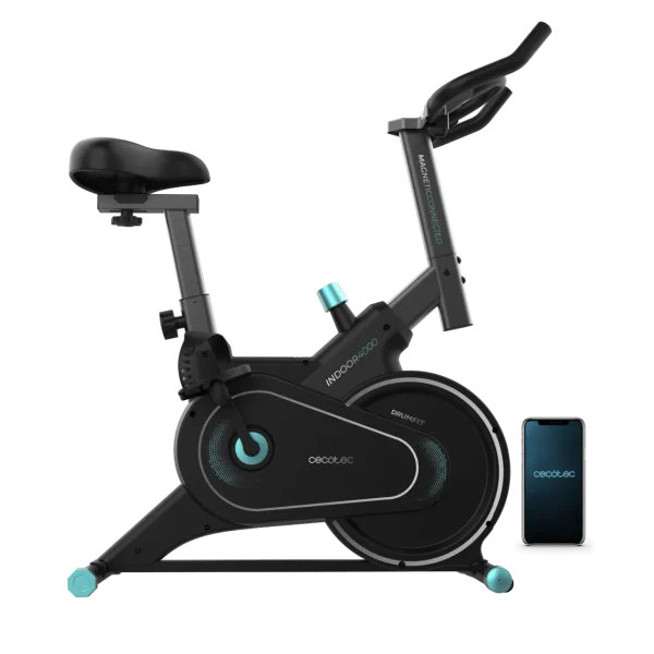 Bicicleta indoor Cecotec Drumfit Indoor 4000 Magnetic Connected en color negro con soporte para tablet y ruedas de transporte