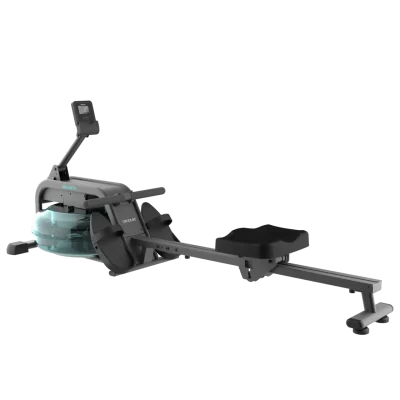 Vista general de la máquina de remo Drumfit Rower 10000 Neptuno de CECOTEC con tanque de agua de 13 litros y soporte para dispositivos