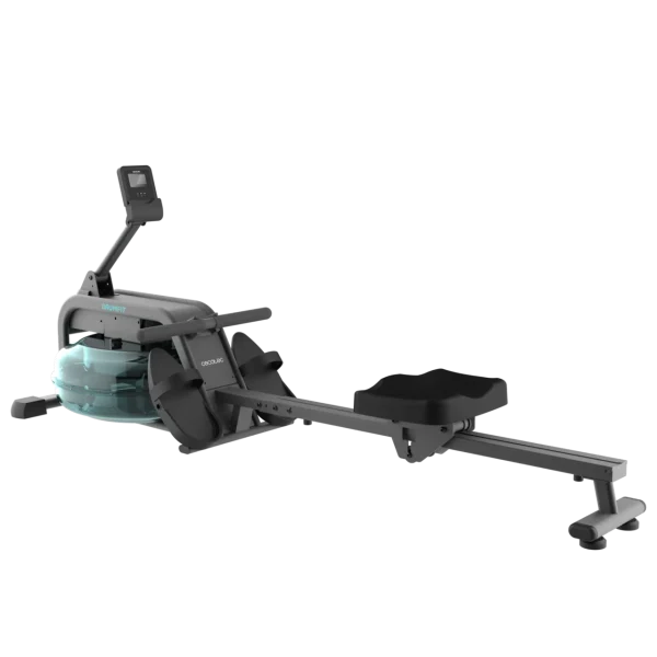 Vista general de la máquina de remo Drumfit Rower 10000 Neptuno de CECOTEC con tanque de agua de 13 litros y soporte para dispositivos