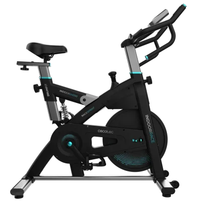 Bicicleta indoor de spinning Cecotec Drumfit Indoor 24000 Race Sprint vista lateral con pantalla LCD y ruedas de transporte
