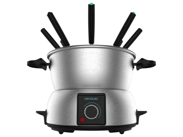 Imagen 3 Fondue eléctrica de diseño en acero inoxidable de 1000 W. Termostato regulable para queso, chocolate o aceite. Incluye 8 tenedores y es apta para lavavajillas.