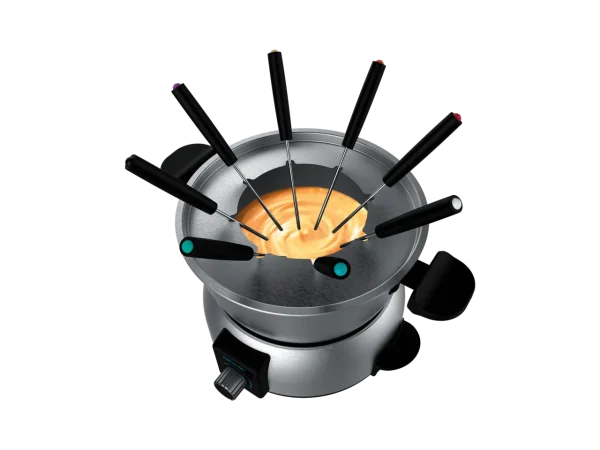 Imagen 4 Fondue eléctrica de diseño en acero inoxidable de 1000 W. Termostato regulable para queso, chocolate o aceite. Incluye 8 tenedores y es apta para lavavajillas.