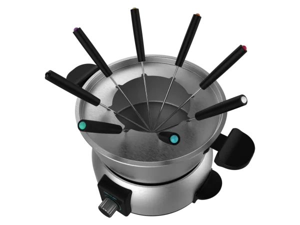 Imagen 5 Fondue eléctrica de diseño en acero inoxidable de 1000 W. Termostato regulable para queso, chocolate o aceite. Incluye 8 tenedores y es apta para lavavajillas.