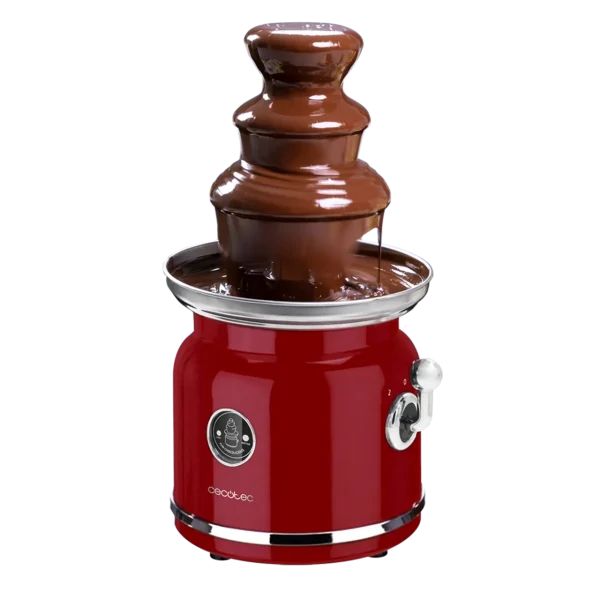 Fuente de chocolate Cecotec Fun Chocolicious de diseño retro con torre de acero inoxidable de tres niveles en funcionamiento