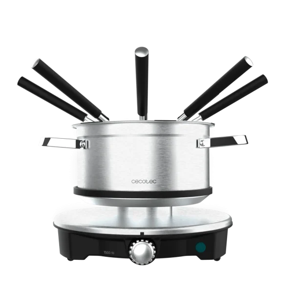 Imagen 2 Fondue eléctrica de 1500 W en acero inoxidable. Ideal para queso, aceite y chocolate. Incluye termostato regulable y 8 tenedores para compartir.