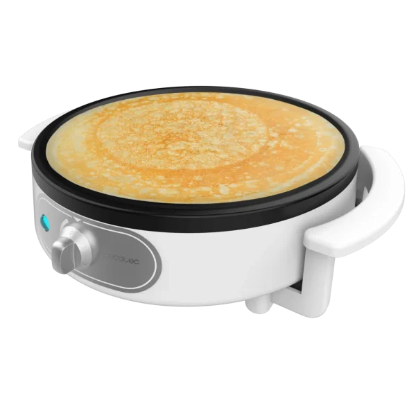 Vista superior de la crepera eléctrica Cecotec Fun Crepe negra con placa antiadherente y accesorios de madera