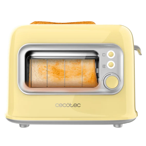 Imagen 3 Tostadora Cecotec RetroVision Yellow de 700 W con ventana de cristal. Diseño retro, 5 niveles de potencia y ranuras anchas para dos tostadas.